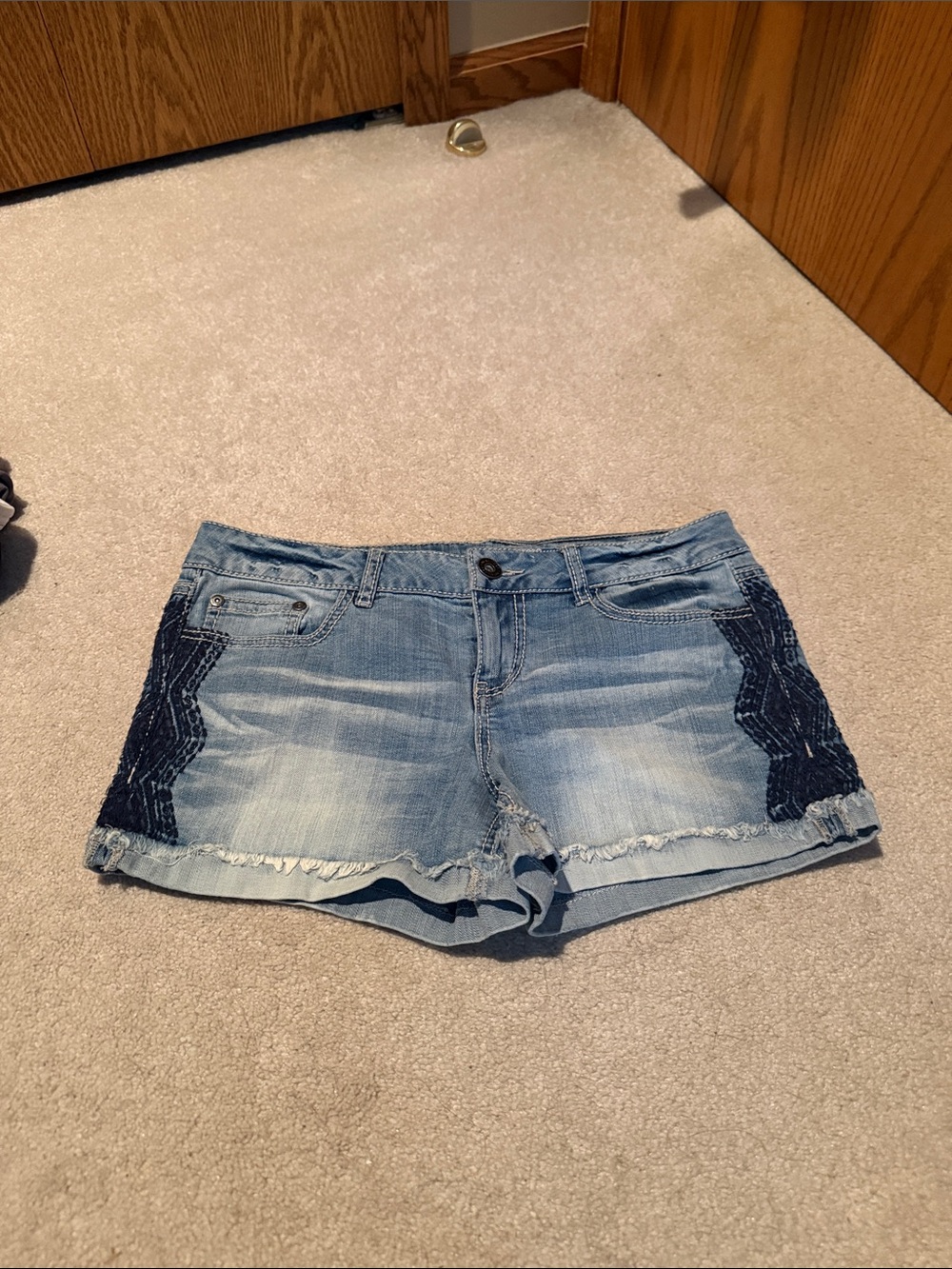 Maurices Light Blue Denim Shorts with Dark Blue Crochet Side